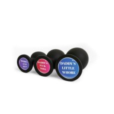 Анальна пробка силіконова чорна з написом Daddy's cum Slut OKOVA розмір L
