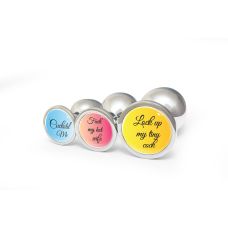 Анальная пробка металлическая серебристая с надписью Lock up my tiny Cock OKOVA размер S