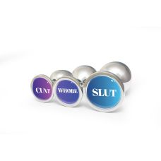 Анальная пробка металлическая серебристая с надписью Slut OKOVA размер S