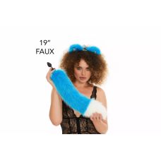 Анальний хутряний хвіст без пробки Яскраво-блакитний з білим кінчиком OKOVA 500 мм