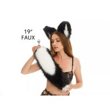 Анальный меховой хвост без пробки Трехцветный Белый черный чернобурый с белым кончиком OKOVA 500 мм