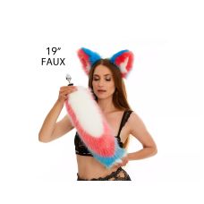 Анальный меховой хвост без пробки Трехцветный Белый ярко розовый ярко голубо с белым кончиком OKOVA 500 мм