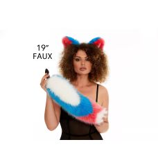 Анальный меховой хвост без пробки Трехцветный Белый Ярко голубой ярко розовый с белым кончиком OKOVA 500 мм