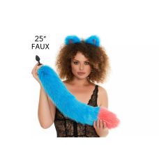 Анальний хутряний хвіст без пробки Яскраво-блакитний з яскраво-рожевим кінчиком OKOVA 600 мм