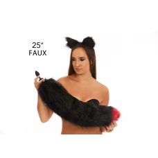 Анальний хутряний пухнастий хвіст без пробки Чорний з темно-червоним кінчиком OKOVA 600 мм