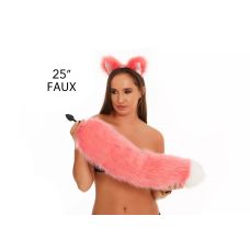 Анальний пухнастий хутряний хвіст без пробки Яскраво рожевий з білим кінчиком OKOVA 600 мм