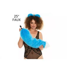 Анальний хутряний пухнастий хвіст без пробки Яскраво-блакитний з білим кінчиком OKOVA 600 мм