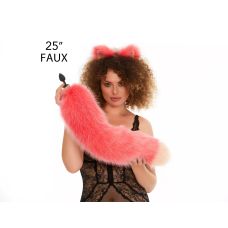 Анальний хутряний пухнастий хвіст без пробки Яскраво-рожевий з персиковим кінчиком OKOVA 600 мм