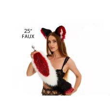 Анальный меховой хвост без пробки Трехцветный Темно красный белый черный с красным кончиком OKOVA 600 мм