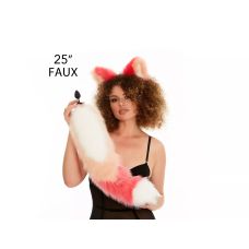 Анальный меховой хвост без пробки Трехцветный Белый персиковый ярко розовый с белым кончиком OKOVA 600 мм