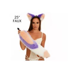 Анальный меховой хвост без пробки Трехцветный Персиковый фиолетовый белый с персиковым кончиком OKOVA 600 мм