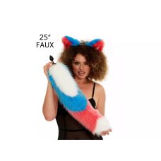 Анальный меховой хвост без пробки Трехцветный Белый Ярко голубой ярко розовый с белым кончиком OKOVA 600 мм