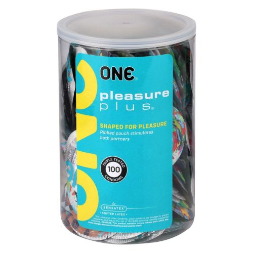 Банка презервативів із внутрішніми ребрами з м'якого еластичного латексу ONE Pleasure Plus 100 штук