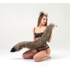 Анальний хутряний хвіст без корка Коричневий з чорним кінчиком OKOVA 1000 мм