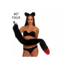 Анальний хутряний хвіст без пробки Чорний з темно-червоним кінчиком OKOVA 1000 мм