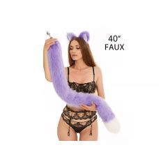 Анальний хутряний хвіст без пробки Фіолетовий з білим кінчиком OKOVA 1000 мм