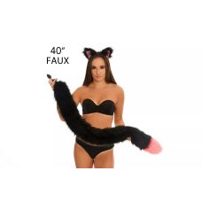 Анальний хутряний хвіст без пробки Чорний з яскраво-рожевим кінчиком OKOVA 1000 мм