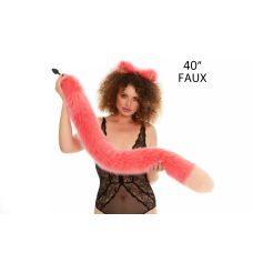 Анальний хутряний хвіст без пробки Яскраво-рожевий з персиковим кінчиком OKOVA 1000 мм