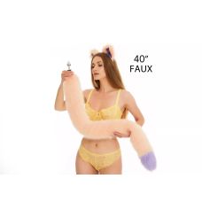 Анальний пухнастий хутряний хвіст без пробки Персиковий з фіолетовим кінчиком OKOVA 1000 мм