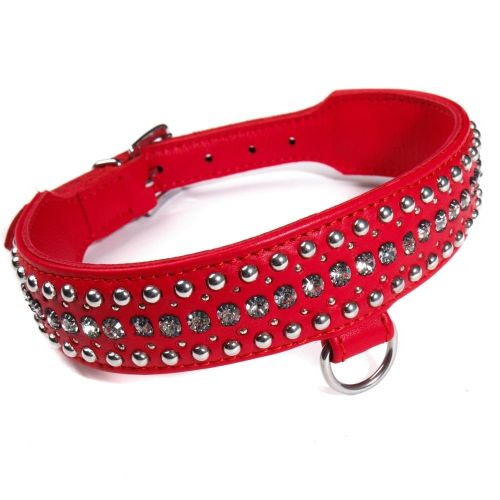 Ошейник из натуральной кожи со стразами красный DS Fetish