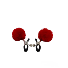 Затискачі на соски з помпонами червоного кольору DS Fetish Nipple clamps metal poliester