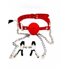 Кляп в рот БДСМ с зажимами для сосков красного цвета DS Fetish Ball gag with nipple clamps red