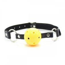 Кляп шарик в рот БДСМ искусственная кожа желтый черный с черным ремешком DS Fetish