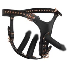 Двойной страпон ременной с тремя реалистичными фаллоимитаторами черного цвета Bad Kitty размер S/M