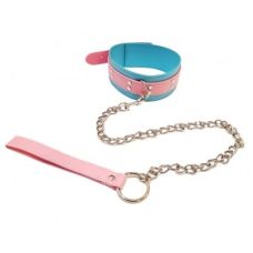 Нашийник з повідцем БДСМ зі штучної шкіри блакитний з рожевим DS Fetish
