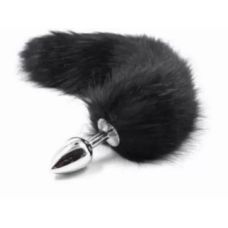 Анальний сріблястий корок чорний лисий хвіст DS Fetish Anal plug S faux fur fox tail
