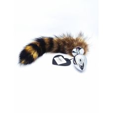 Анальна пробка металева сріблястого кольору з лисьим хвостиком з натурального хутра рудого кольору DS Fetish Anal plug L fox tail natural fox розмір L