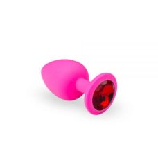 Анальная пробка розовая с красным камнем Pink Silicone Ruby M 