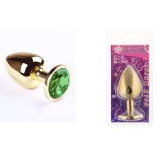 Анальная пробка золотая sLash с зеленым кристаллом размер M