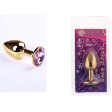 Анальная пробка золотая sLash с розовым кристаллом размер S