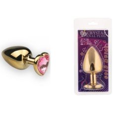 Анальная пробка золотая sLash с розовым камнем в виде сердца размер L