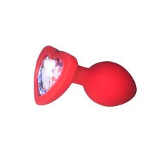 Анальний силіконовий затор червоного кольору з каменем у формі серця сріблястого кольору Loveshop розмір M