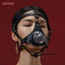 Маска намордник для минета БДСМ из натуральной кожи черного цвета Lockink