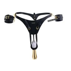 Ременной страпон с вибрацией и 2 насадками золотистого цвета с пультом ДУ Lockink Sevanda 