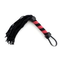 Плетка БДСМ из замша черного цвета с ручкой переплетенной черно красными полосочками DS Fetish длина 160 мм