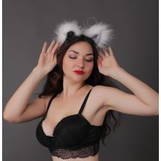 Хутряні вушка кішечки для рольових ігор Білі із сірим Okova