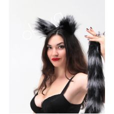 Хутряні вушка кішечки для рольових ігор Чорнобурі з чорним Okova