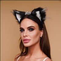 Меховые ушки кошечки для ролевых игр Черные с белым Okova