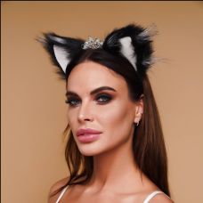 Хутряні вушка кішечки для рольових ігор Чорні з білим Okova