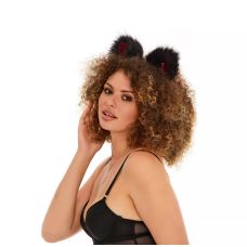 Хутряні вушка кішечки з бантиком для рольових ігор Чорні з червоним Okova