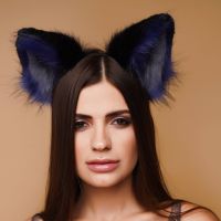 Хутряні вушка кішечки триколірні для рольових ігор Чорний Синій Сірий Okova