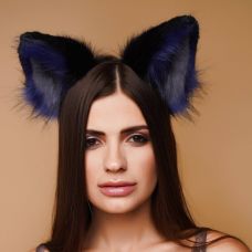 Хутряні вушка кішечки триколірні для рольових ігор Чорний Синій Сірий Okova