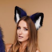 Хутряні вушка кішечки триколірні для рольових ігор Синій Чорний Білий Okova