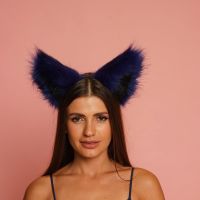 Меховые ушки кошечки двухцветные для ролевых игр Синий и Черный Okova