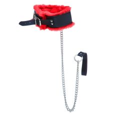 Ошейник с поводком из искусственной кожи и меховой отделки черно красный DS Fetish Сollar 