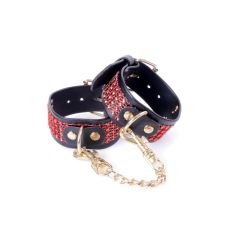 Наручники з червоними камінчиками БДСМ зі штучної шкіри чорного кольору Boss series